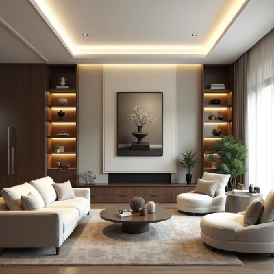 Sala organizada, porém com excesso de objetos e iluminação branca intensa, transmitindo sensação de cansaço visual e dificuldade para relaxar.