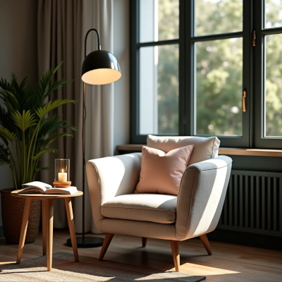 Canto de leitura com poltrona confortável, iluminação suave e elementos que estimulam relaxamento e permanência.
