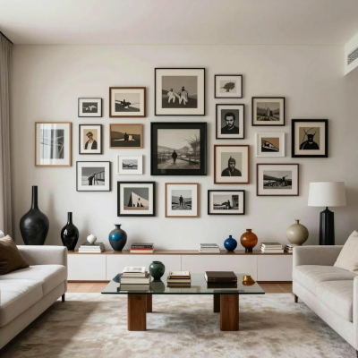 Sala organizada, mas com excesso de objetos decorativos e informações visuais, transmitindo sensação de cansaço e sobrecarga mental.