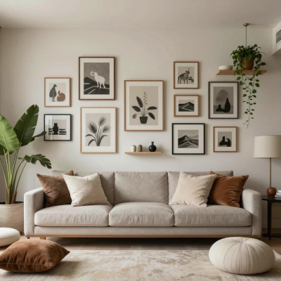 Sala elegante com excesso de elementos decorativos desconectados, transmitindo sensação de ambiente bonito, porém inacabado.
