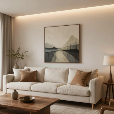 Sala equilibrada com iluminação quente, ponto focal definido e composição coerente que transmite sensação de ambiente completo.
