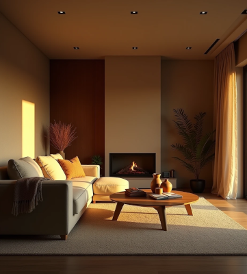 Living room with layered warm lighting, natural textures, books and wood details creating a welcoming atmosphere beyond physical warmth.
