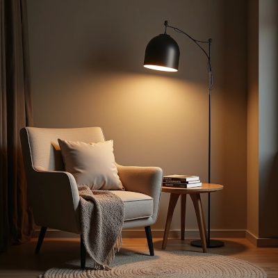 Reading corner with warm lighting, books, and soft textures creating a peaceful and welcoming atmosphere.