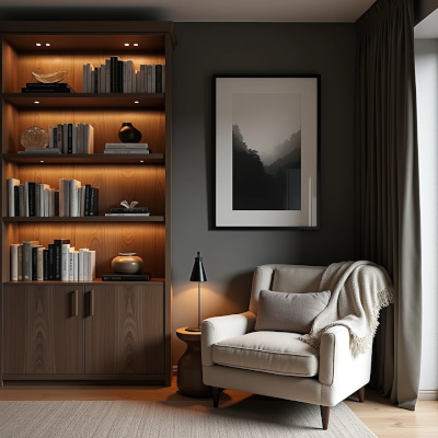 Cozy reading corner with books, photographs, warm lighting and natural textures creating a strong sense of belonging and emotional comfort.