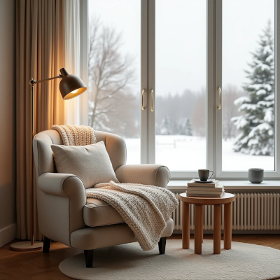 Cozy reading corner with warm lighting, books and natural textures beside a large window on a winter afternoon.