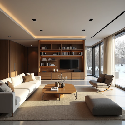 Contemporary living room with soft winter daylight, warm textures and layered lighting creating a calm atmosphere that invites people to stay.