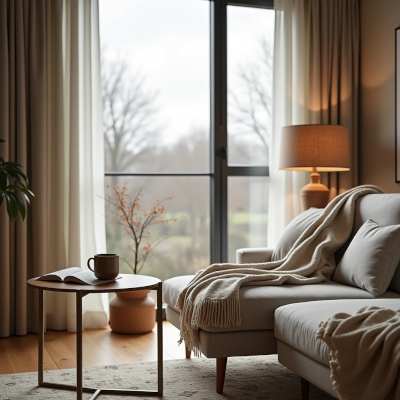Quiet reading corner with warm lighting, books and natural textures creating a peaceful retreat for slowing down during winter.
