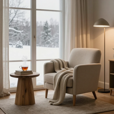 Cozy contemporary living room with warm lighting, layered textures, soft textiles, and a peaceful atmosphere that invites genuine rest.