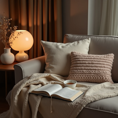 Cozy reading corner with a lounge chair, warm lamp, books and soft textiles creating an inviting place to slow down.