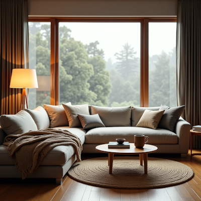 Cozy sofa vignette with layered cushions, a wool throw, warm lamp, and natural materials creating a comforting atmosphere.