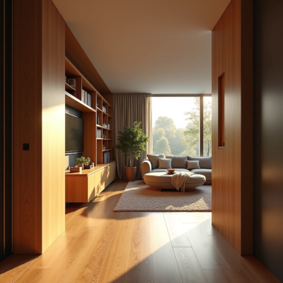 Warm contemporary home with a softly lit hallway leading to a cozy living room that invites relaxation and quiet moments.