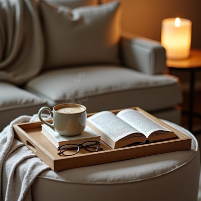 Cozy reading nook beside a large window with a comfortable armchair, warm lighting, books, and soft natural textures.