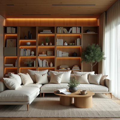Warm contemporary living room with layered textures, books, soft lighting and natural materials creating an inviting home sanctuary.
