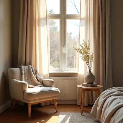 Cozy bedroom corner with a comfortable chair, books and warm natural light creating a relaxing personal retreat.