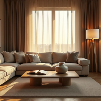 Elegant living room with warm natural light, layered textures, and thoughtful styling that conveys calm and emotional comfort.