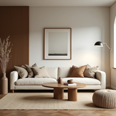 A thoughtfully designed living room with warm lighting, natural materials, layered textures, and meaningful decorative objects that create a calm, welcoming atmosphere.