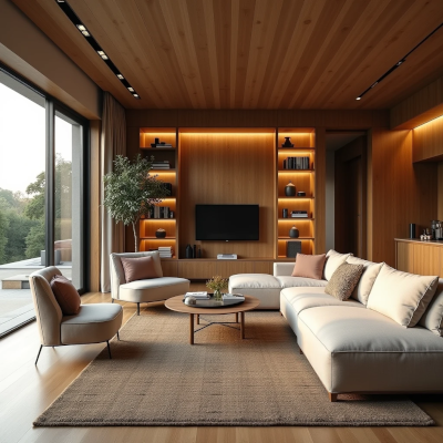 Contemporary living room with balanced layout, natural materials, warm lighting and meaningful details that create a welcoming atmosphere.