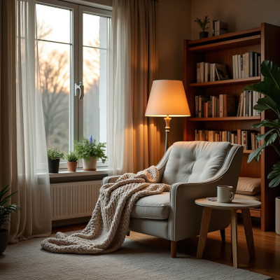 A cozy reading corner with warm lighting, books, soft textiles, and natural materials that encourages relaxation and lingering.