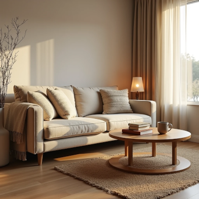 An organic modern living room with warm lighting, layered natural textures, a linen sofa, wooden furniture, and soft textiles creating a welcoming atmosphere.