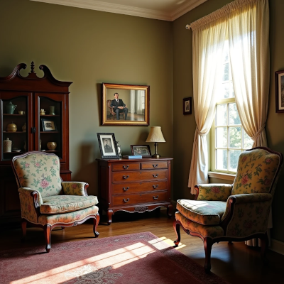 A traditional living room with classic furniture, family photographs, and nostalgic décor that reflects an earlier stage of life.