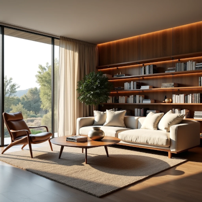 A warm contemporary living room with natural materials, books, and layered textures that reflects a modern and personal lifestyle.