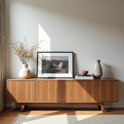 Elegant contemporary living room featuring family photographs, books, and natural materials that blend personal memories with modern interior design, creating a warm and meaningful atmosphere.