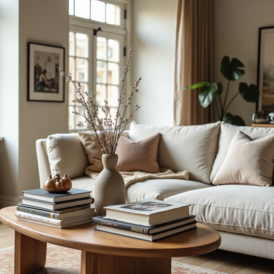 A warm contemporary living room where books, travel photographs, ceramics, and personal objects create a home full of identity and meaningful memories.