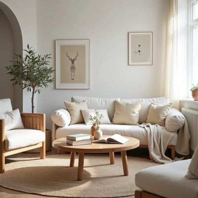 A Scandinavian-style living room with natural textures, books, handmade décor, and subtle imperfections that create a genuine and welcoming atmosphere.