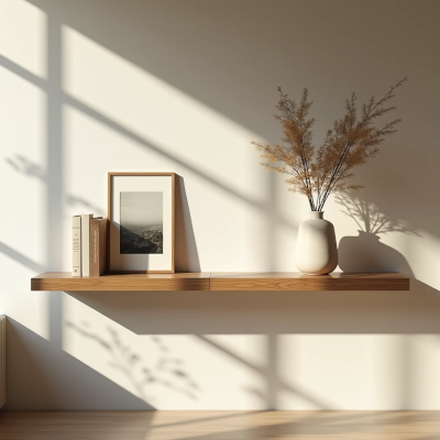 A serene Wabi-Sabi interior with a carefully curated shelf of meaningful books, ceramics, and photographs, emphasizing intentional living and personal storytelling.