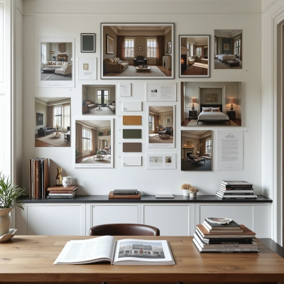 A design workspace filled with magazines, color palettes, fabric samples, and interior references, illustrating the overwhelming abundance of decorating inspiration.