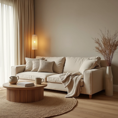 A cozy contemporary living room featuring a cream-colored sofa with textured cushions and a soft knit throw, warm ambient lighting, sheer curtains filtering natural daylight, a round wooden coffee table with books and ceramic mugs, a woven rug, and dried branches in a minimalist vase, creating a calm and welcoming atmosphere.