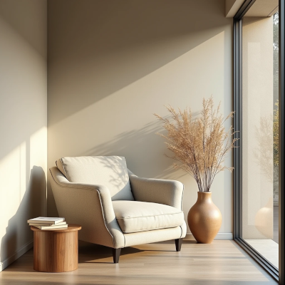 A peaceful reading corner with natural textures, books, and soft sunlight, representing a home designed around personal well-being rather than trends.