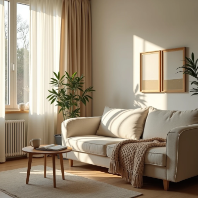 A cozy contemporary living room with warm natural light, an open book on the coffee table, a folded blanket on the sofa, and soft neutral textures that create the feeling of a home being genuinely lived in.