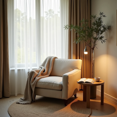 A cozy reading corner with an armchair beside a sunlit window, a ceramic coffee mug, natural wood furniture and warm neutral textures that create a peaceful atmosphere.