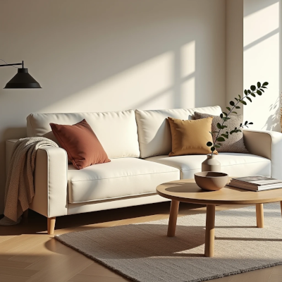 A warm minimalist living room with natural wood, soft textiles, gentle lighting and carefully selected decorative objects that create a welcoming, lived-in atmosphere.