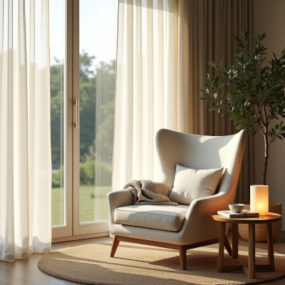 A peaceful reading corner with soft natural light, warm textures and comfortable furniture, creating a space that naturally invites moments of rest.
