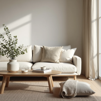 A warm contemporary living room with natural materials, soft lighting and thoughtfully chosen décor that reflects a home shaped by everyday life.