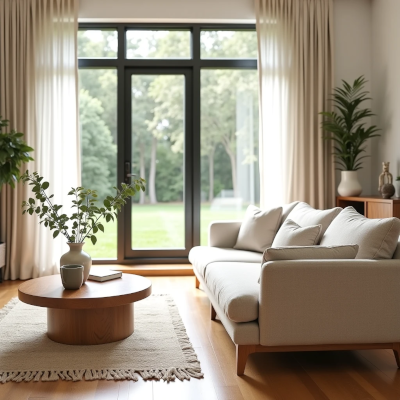 A bright contemporary living room with natural materials, soft lighting and an intentional layout designed to support everyday comfort.
