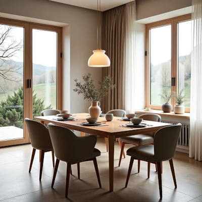 A welcoming dining room with warm lighting, natural wood and carefully arranged table settings that encourage conversation and shared moments.