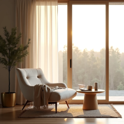 A quiet reading corner with warm sunlight, soft textures and natural materials, designed to encourage rest and reflection.