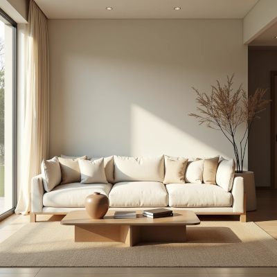 Living room with a cream sofa, natural wood furniture and carefully reduced decoration, creating a spacious and visually calm atmosphere.