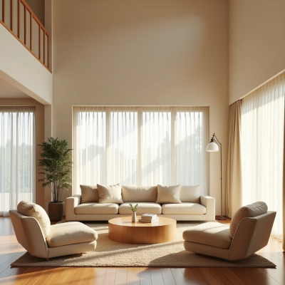 Warm modern living room with a sofa and two armchairs arranged around a coffee table, creating an inviting space for conversation and easy circulation.