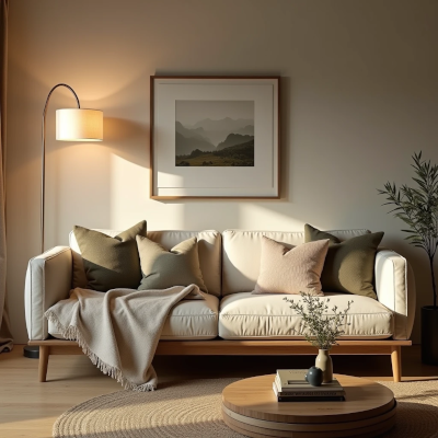 Cozy living room renewed with layered textiles, warm indirect lighting, greenery, books and meaningful decorative details.