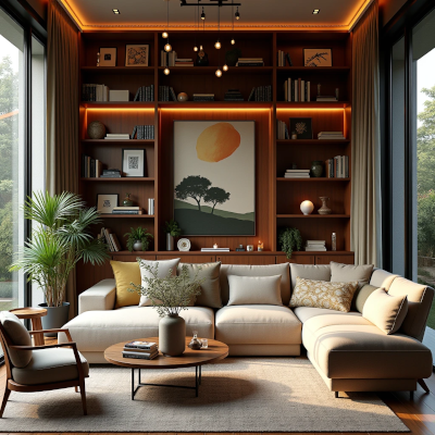 Sala de estar organizada, mas visualmente carregada, com muitos objetos, cores e elementos decorativos competindo pela atenção.