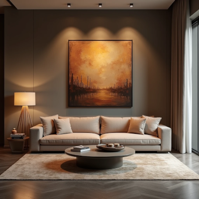 Sala sofisticada com uma obra de arte como ponto focal, enquanto móveis e objetos secundários criam equilíbrio e espaço para o olhar repousar.
