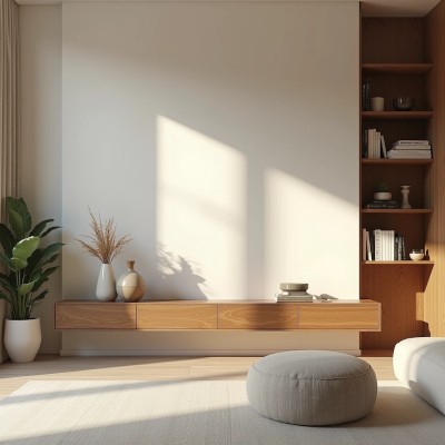 Aparador elegante com poucos objetos agrupados e áreas vazias ao redor, mostrando como o espaço livre cria equilíbrio visual no ambiente.