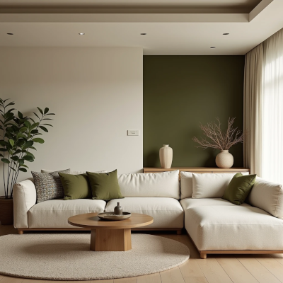 Sala elegante com base neutra e pequenos elementos coloridos repetidos, mostrando como personalidade pode aparecer sem excesso visual.