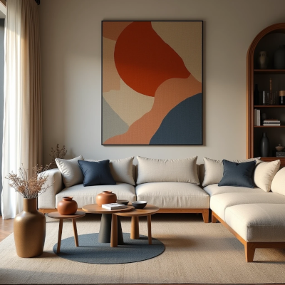 Sala contemporânea com uma estampa principal e as mesmas cores repetidas em almofadas, cerâmicas e obras, criando unidade visual.