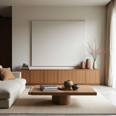 Sala com superfícies parcialmente vazias e poucos objetos agrupados, mostrando como o espaço livre pode deixar a composição mais leve.