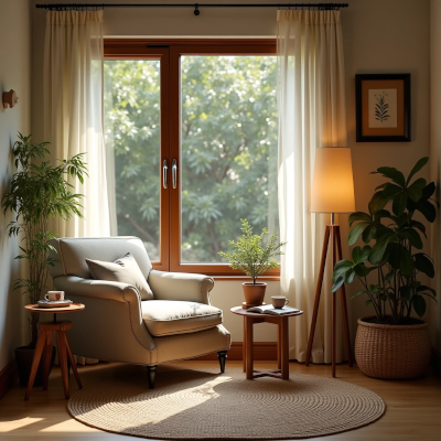 Canto junto à janela transformado em um pequeno espaço de pausa com poltrona, manta, livro, luminária e plantas já existentes na casa.